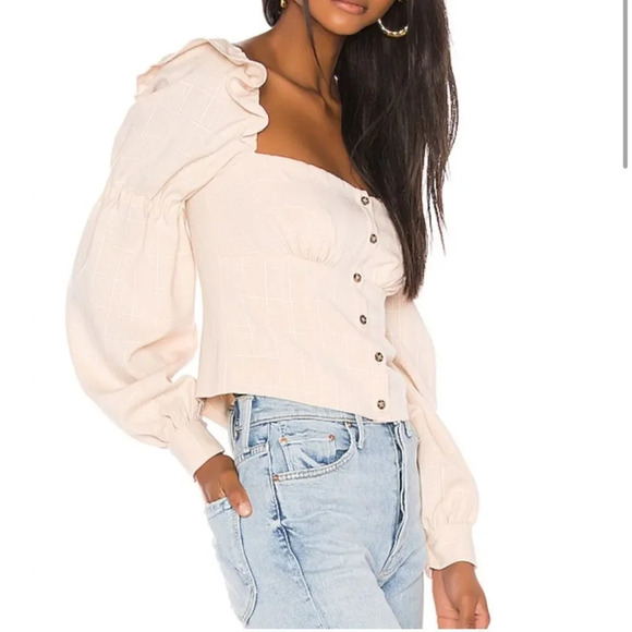 Song Of Style Emery Top One Shoulder Ruffle Beige Check - Picture 4 of 8